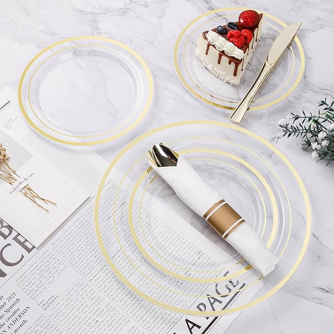 BESTVIP 350PCS Clear Gold Plastic Dinnerware Set for 50 Guests, Disposable Party Plate for Christmas and New Year,Halloween, Include: 100 Plastic Plates, 50 Pre Rolled Napkins with Silverware, 50 Cups