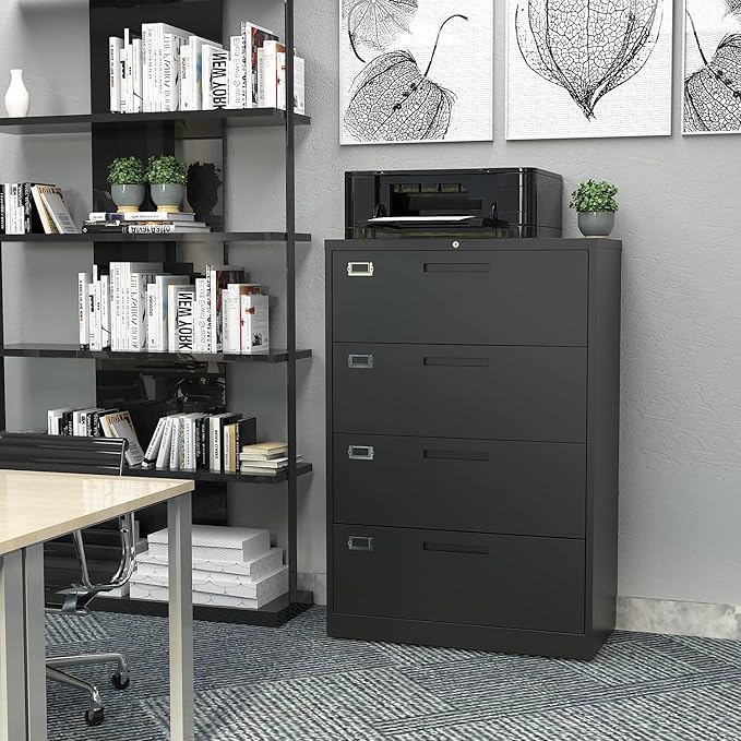 4 Drawer Filing Cabinet with Lock Metal Lateral File Cabinet Office Home Steel Lateral File Cabinet for A4 Legal/Letter Size Wide Metal Cabinet Locked,Assembly Required (4 Drawer, Black)