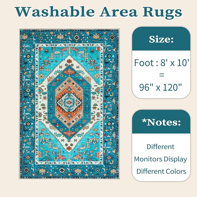 SERISSA 8x10 Area Rugs Blue, Washable Large Boho Rugs