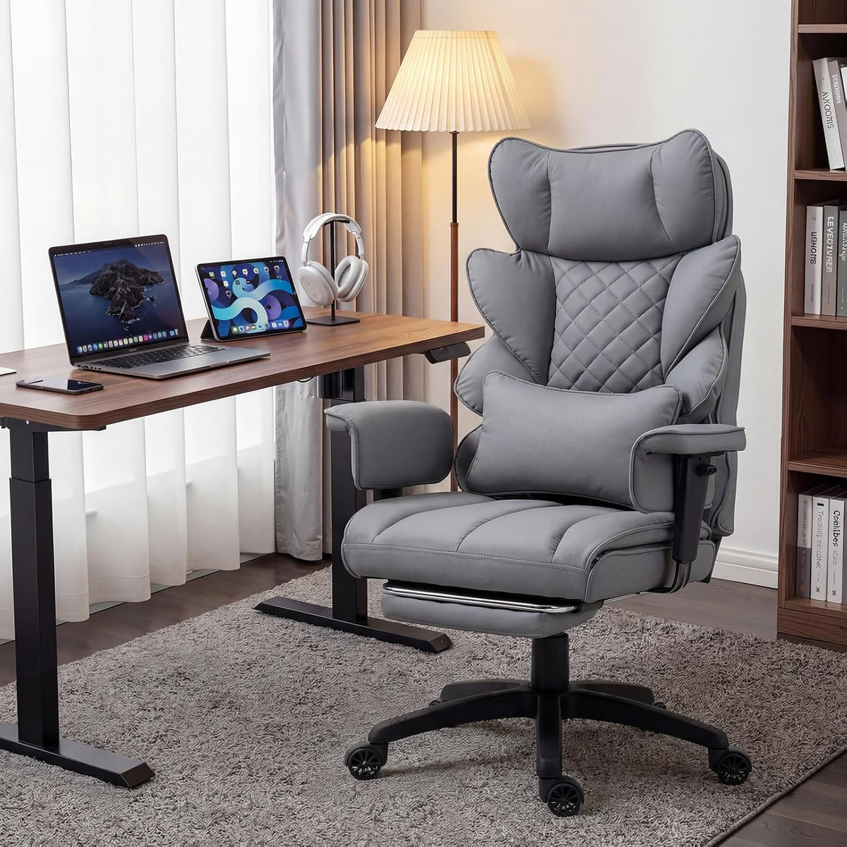 Dowinx Big and Tall Office Chair with Pocket Spring Cushion,High Back Computer Gaming Chairs with Adjustable Armrests,Executive Desk Chairs with Lumbar Support and Footrest,PU-Grey