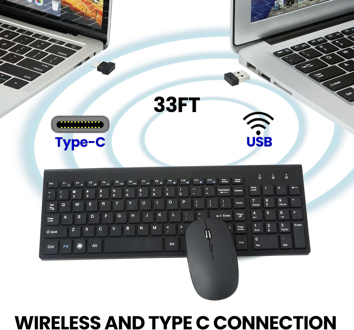 Fonicer Wireless Keyboard and Mouse Combo with USB C & USB A Receiver-Full Size Type c Keyboard and Mouse Compatible