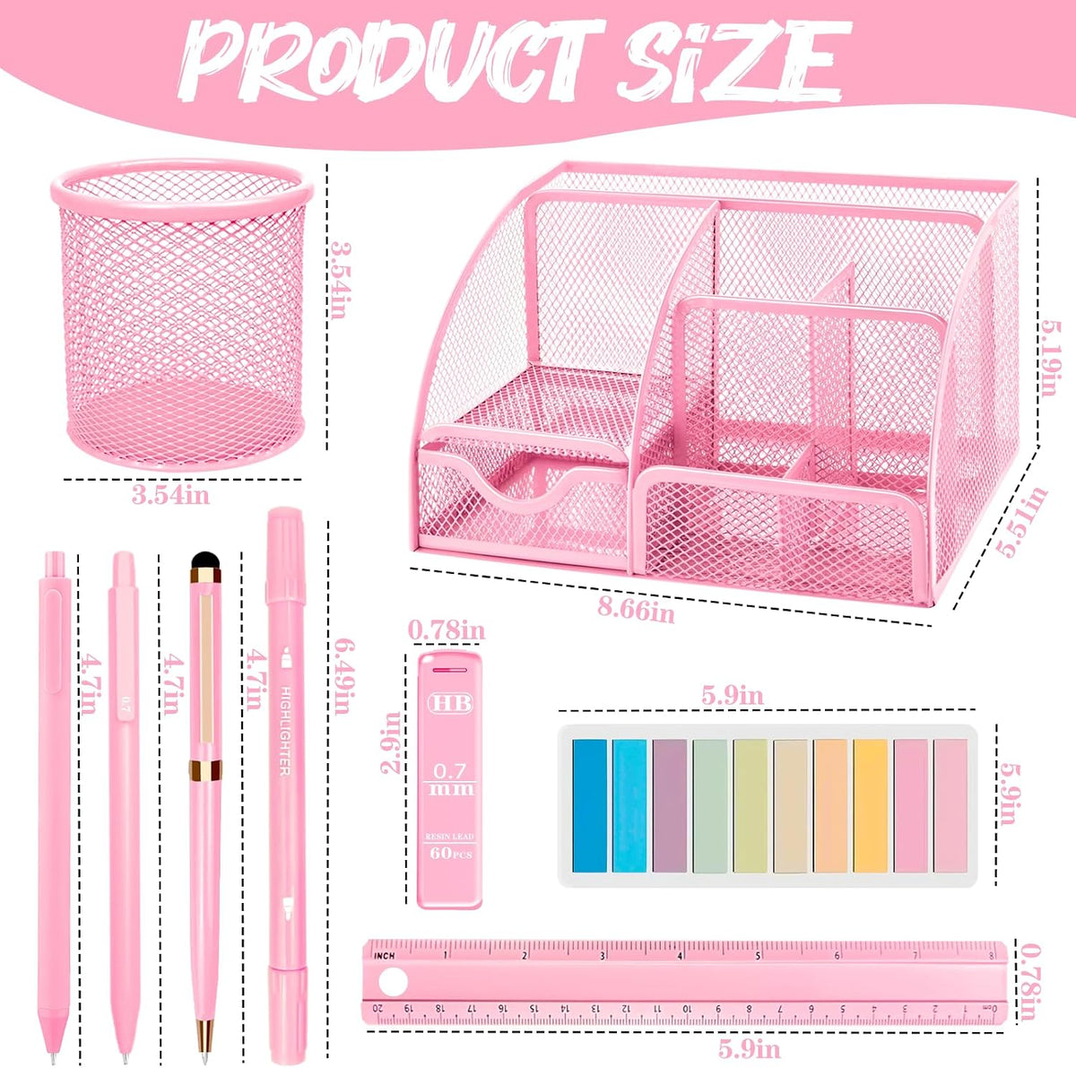 Pink Office Supplies, 17Pcs Pink Desk Accessories Set Include Stapler, Mesh Desk Organizer, Tape Dispenser, Staple Remover, Pen Holder, Clips, Pens, Ruler, for Office Home School Women Students Gift