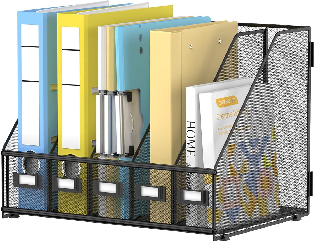 5 Vertical Compartments Magazine File Holder, Metal Binder Organizer, Black