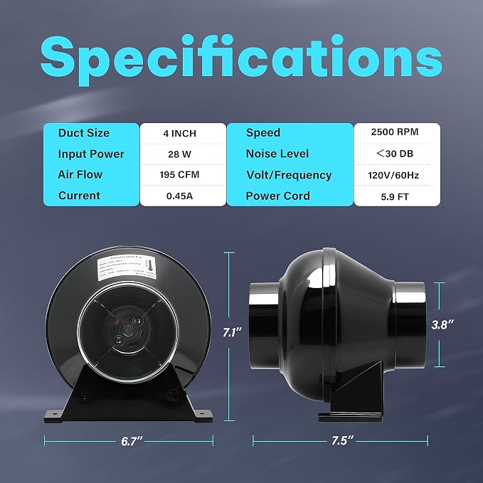 iPower 4 Inch 195 CFM Exhaust Inline Duct Vent Booster Blower