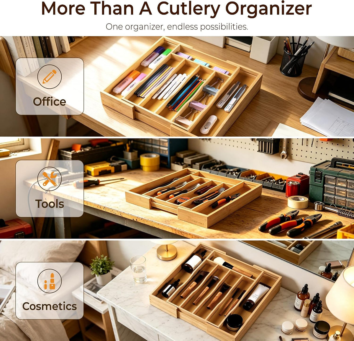 2-Piece Bamboo Silverware Organizer, Expandable Kitchen Drawer Organizer for Cutlery and Utensils, Multifunction Adjustable Bamboo Wood Cutlery Tray in Drawer for Flatware, (Natural)