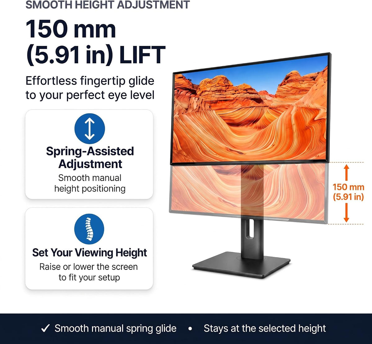 Adjustable Height VESA Monitor Stand, Spring Lift, 7.28-8.82 lb