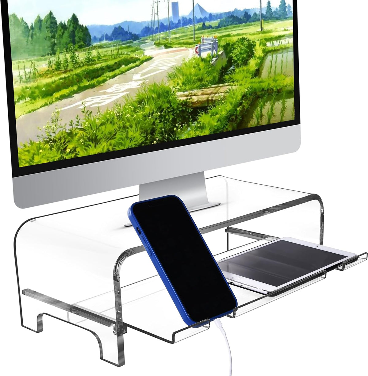 AMT 2 Tier 5.7 Inch High Acrylic Laptop Monitor Stand & Computer Riser with Cat Keyboard Protector, Space-Saving Design, Extra Storage, Clear Shelf - Ideal for Monitors, Laptops, Printers, Desktop
