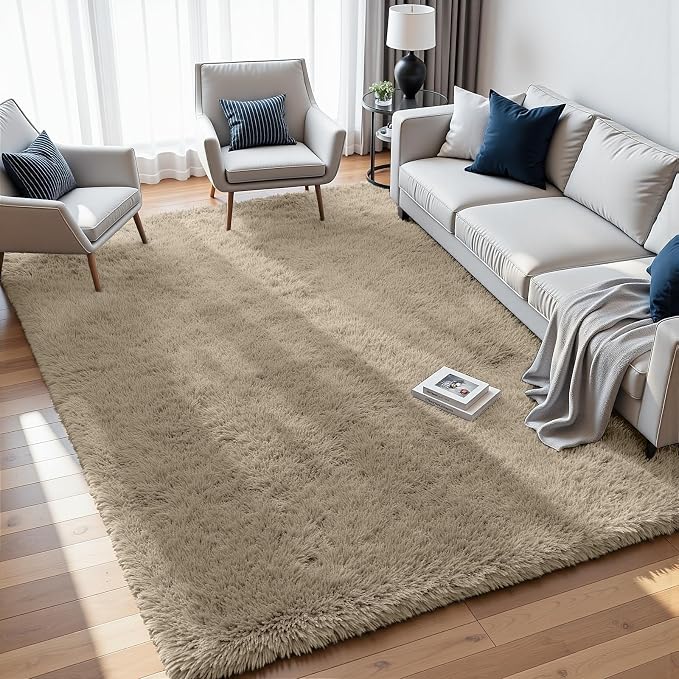 8x10 Area Rugs for Living Room Rug: Soft Fluffy Shag Gray Camel Rugs for Bedroom