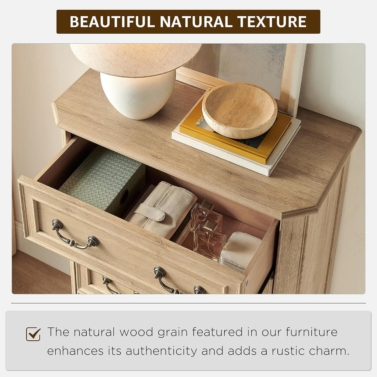 T4TREAM Farmhouse 5 Drawers Dresser for Bedroom, 48" Tall Wood Rustic Chest of Drawers with Natural Texture, Vintage Design, Storage Dressers Organizer for Bedroom, Living Room, Hallway, Natural Oak
