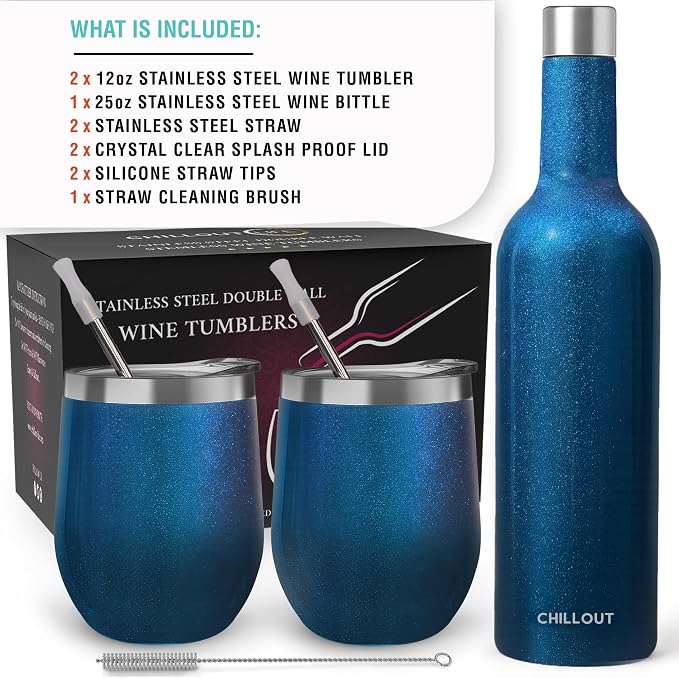 CHILLOUT LIFE 12 oz Stainless Steel Wine Tumblers 2 Pack & 1 Insulated Wine