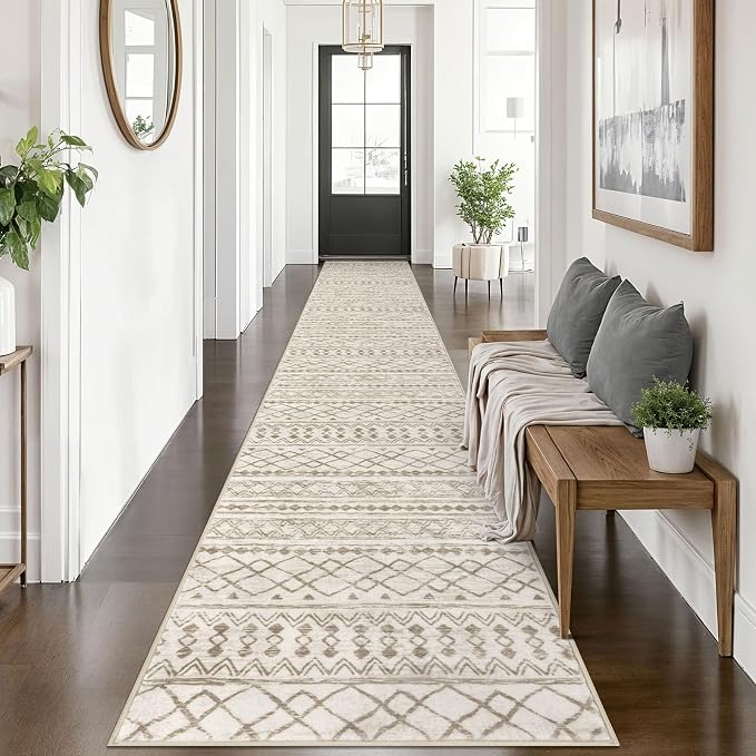 KUTA Boho Runners for Hallways 2.6x14 ft Moroccan Beige Washable Long Hall