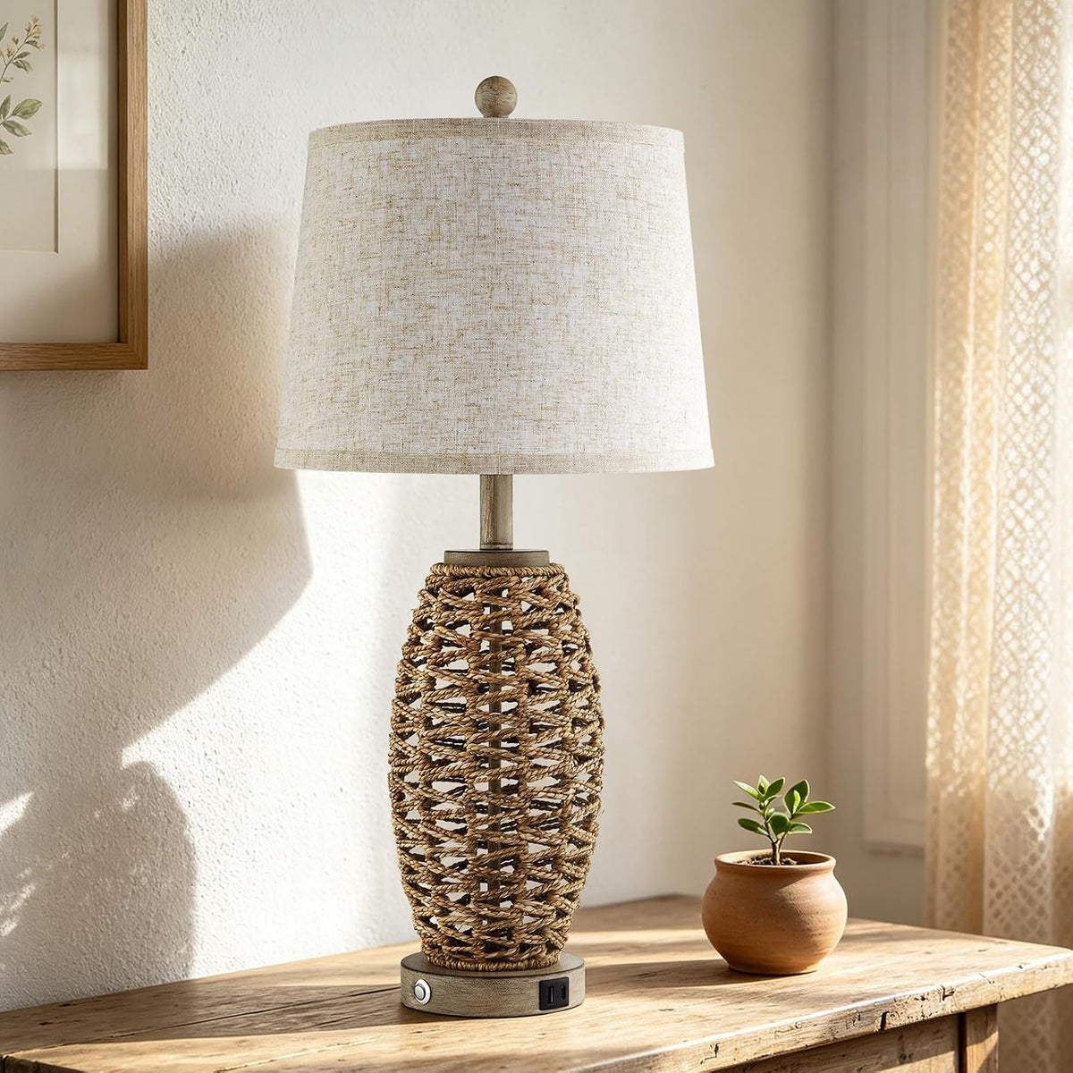 Rattan Table Lamp for Living Room, Dimmable Touch Lamp for Bedside Table in Bedroom or Office, Rustic Vintage Table Lamp with USB Ports, Farmhouse Coastal lamp (Including LED Bulbs)