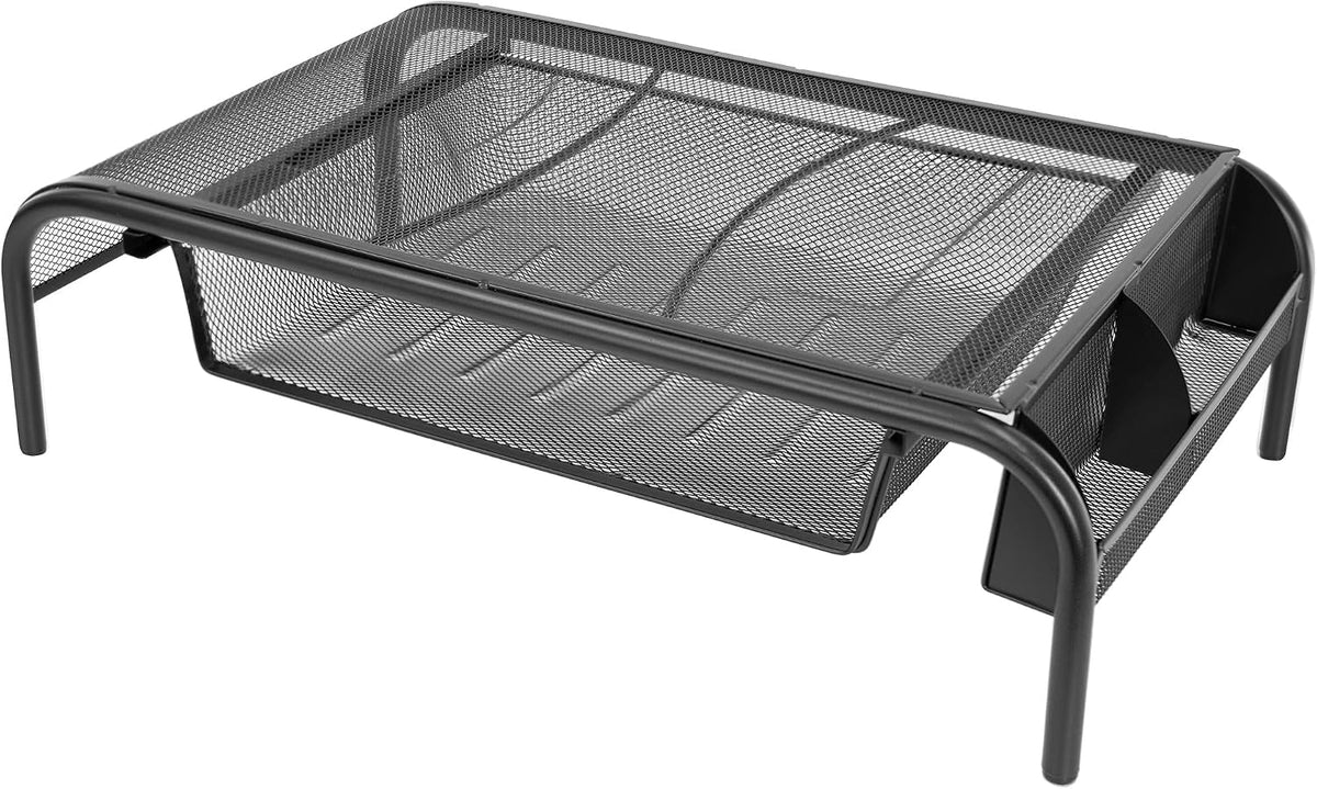Mount-It! Metal Mesh Monitor Stand with Drawer, Ergonomic Desk Organizer and Riser for Monitors and Laptops, Desktop Stand with Extra Storage and Side Pocket, Black