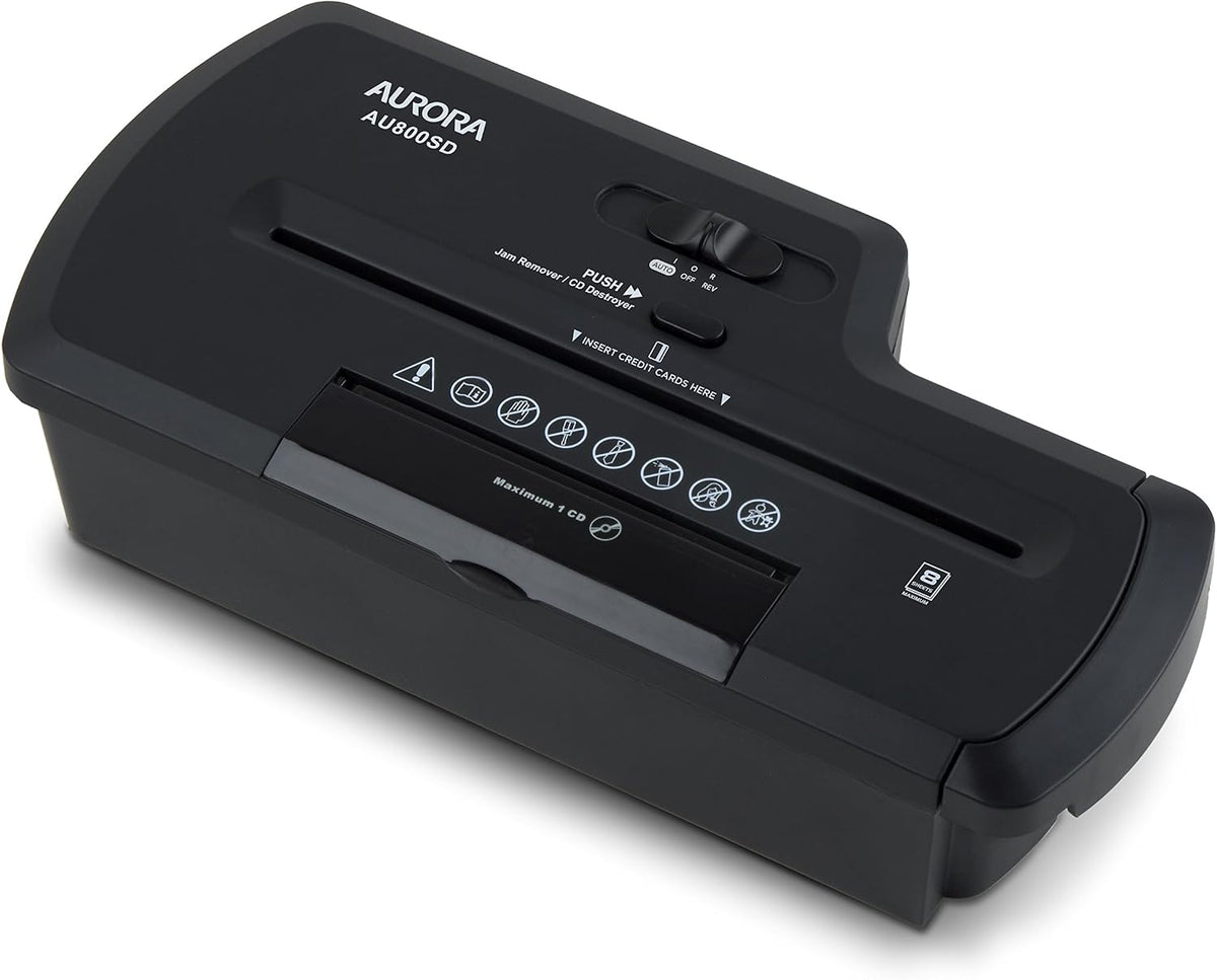 Aurora AU800SD Professional Strip Cut Paper Shredder/CD/Credit Card Shredder Without Wastebasket, 8-Sheet Strip-Cut No Basket, Black
