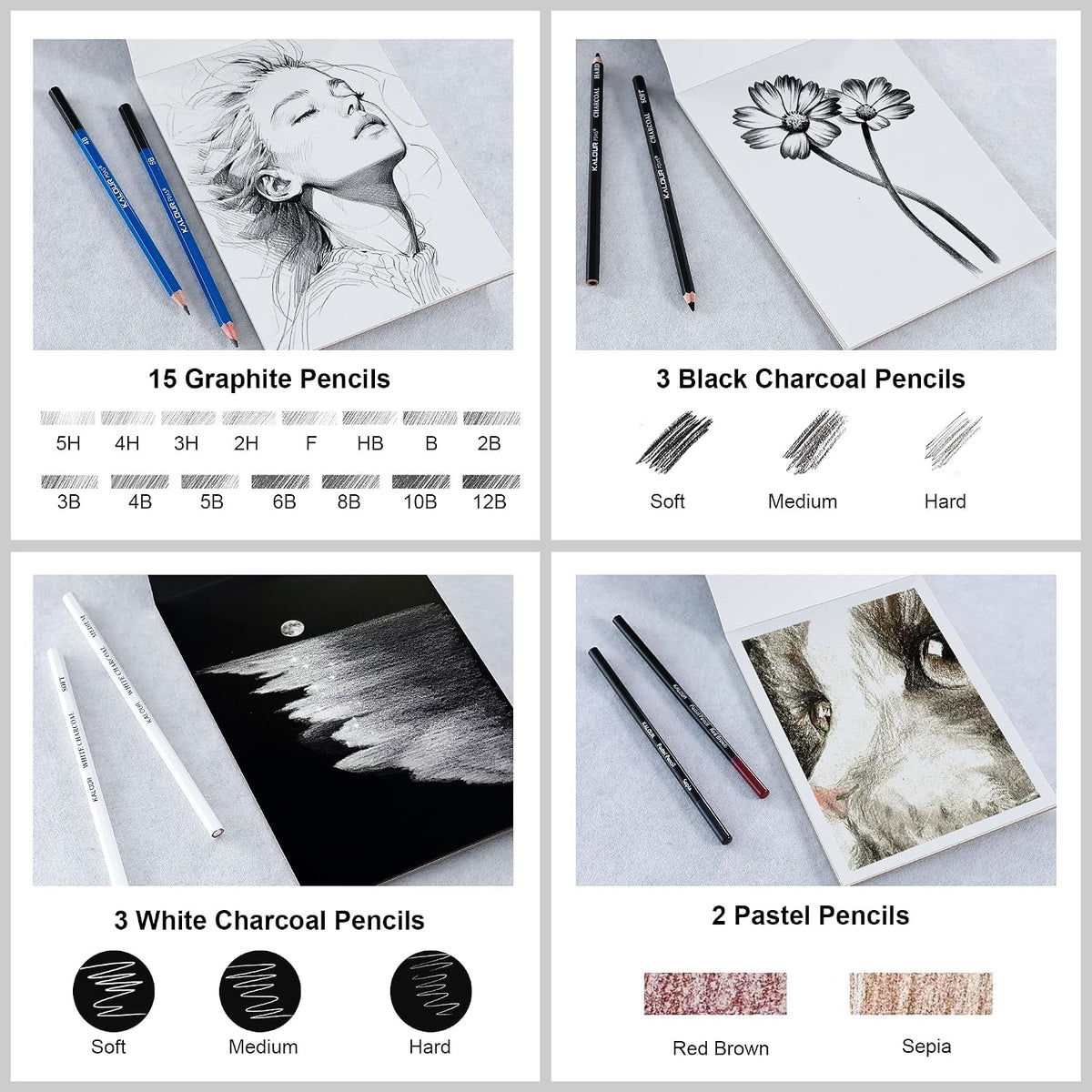 KALOUR 140 Drawing Set Sketching Kit,Art Supplies with 3-color Sketchbook & Coloring Paper,Include Tutorial, Colored, Graphite, Charcoal, Watercolor & Metallic Pencil,for Artists Adults Teens Beginner