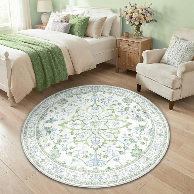 RELEANY Area Rugs Round 4ft Washable Non-Slip, Floral Vintage Distress