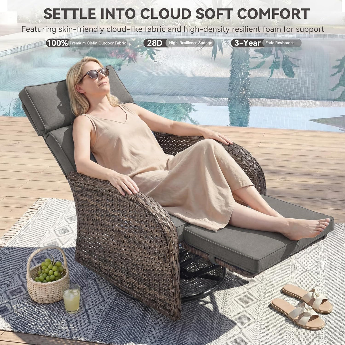 Zero Gravity Patio Swivel Recliner Chairs Set of 2 - Wicker Outdoor Lounge Chair with Adjustable Backrest & Footrest, All Weather Reclining Chairs with Thick Cushion for Garden Pool Deck(Grey)