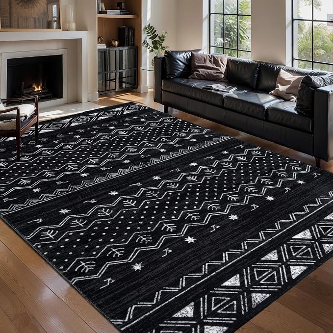 SERISSA 5x8 Area Rugs for Living Room, Washable Non-Slip Black and White Boho