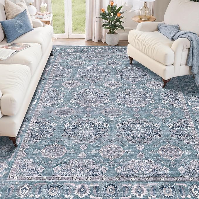 SERISSA Boho Area Rug 5x7 Blue Grey, Washable Large Rugs