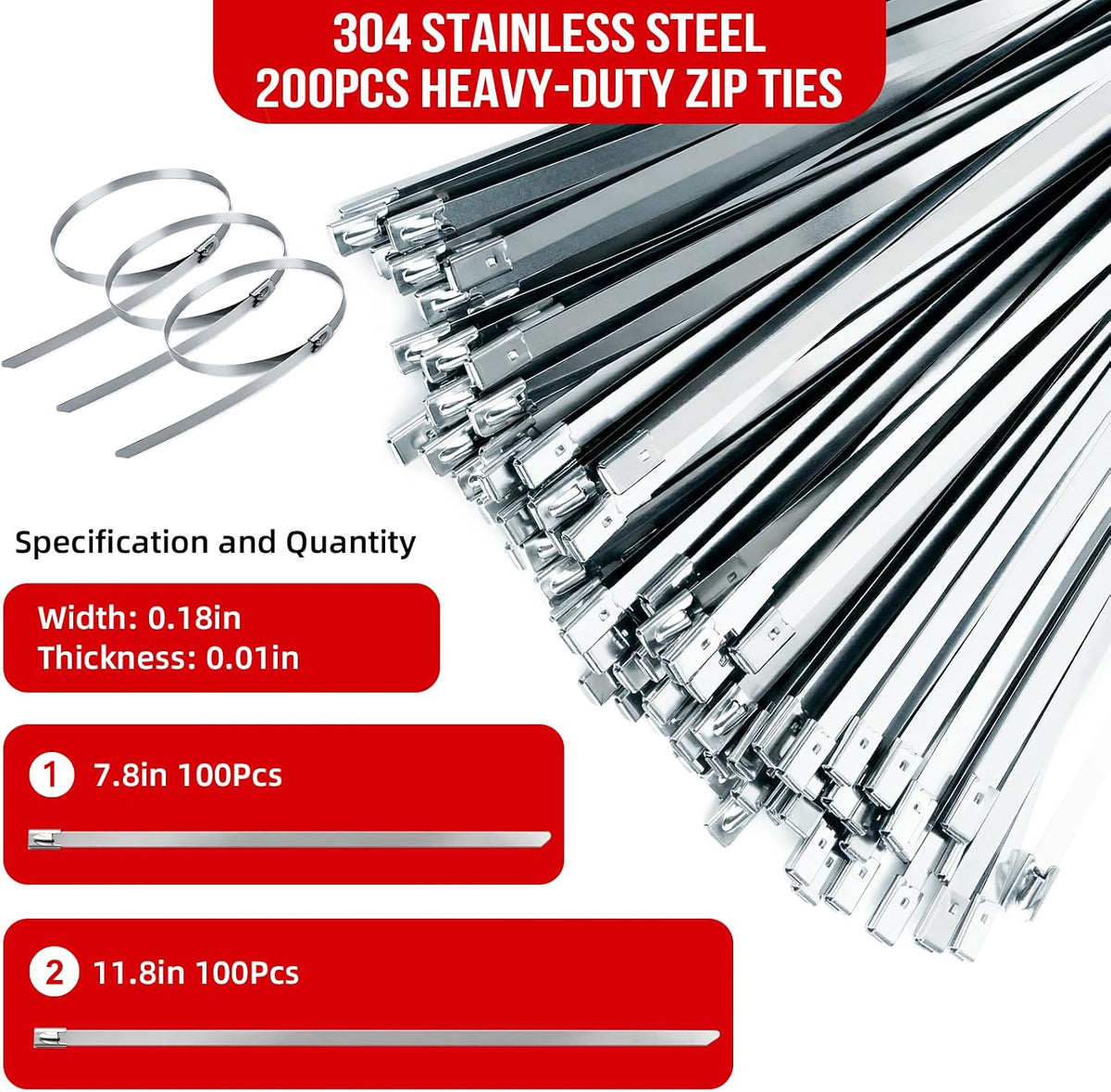 Metal Zip Ties Gun Set, 200Pcs Stainless Steel Cable Ties, Black