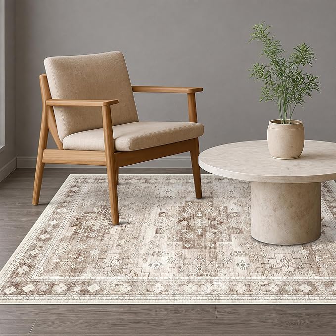 Hazo Haus Washable Neutral Farmhouse Living Room Rug, 4x6 Area Rugs