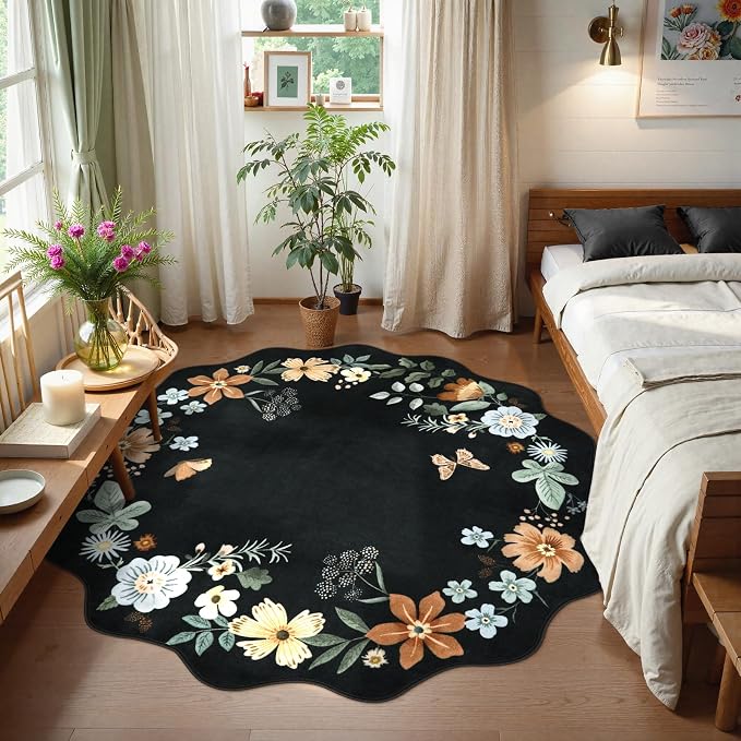 Lahome Floral Washable Round Rugs, Non-Slip Soft Round Rug 4ft Ultra-Thin