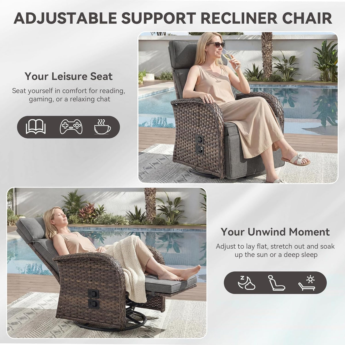 Zero Gravity Patio Swivel Recliner Chairs Set of 2 - Wicker Outdoor Lounge Chair with Adjustable Backrest & Footrest, All Weather Reclining Chairs with Thick Cushion for Garden Pool Deck(Grey)