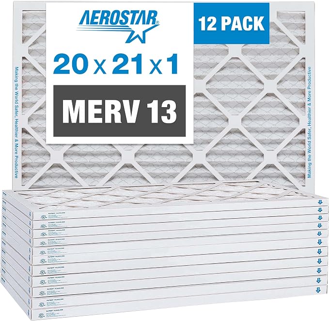Aerostar 20x21x1 MERV 13 Pleated Air Filter, AC Furnace Air Filter, 12 Pack