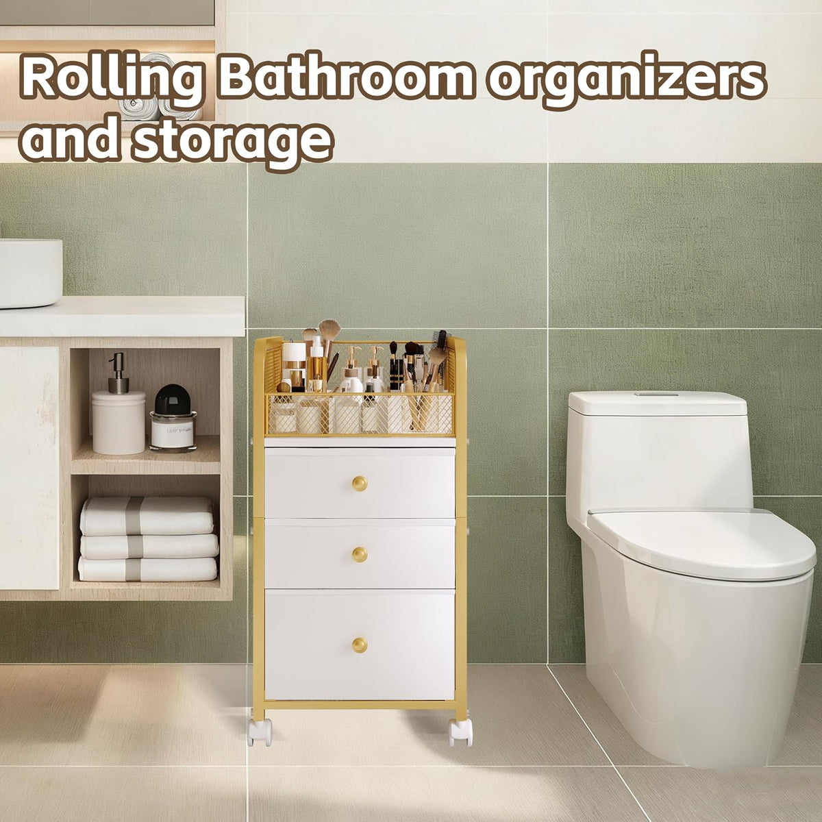Rolling Makeup Organizer Cart with 3 Drawers Under Desk Storage