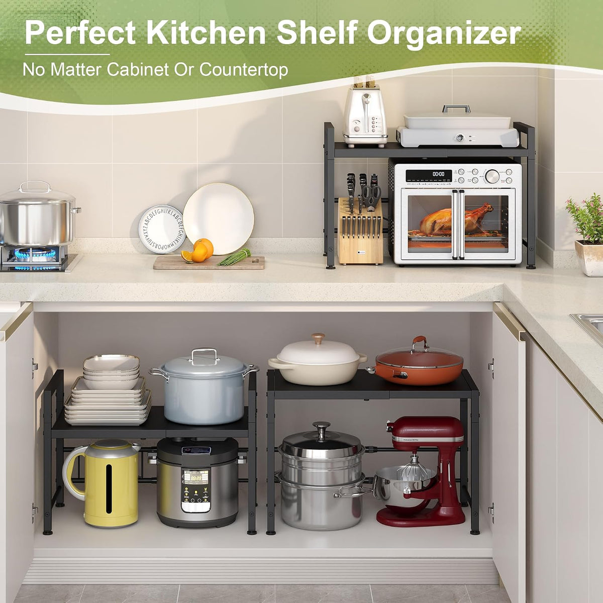 Expandable-Metal-Storage-Shelves-For-Pantry Kitchen Garage, 120lbs Heavy Duty Shelving Units For Small Appliance For Countertop Cabinets, Adjustable Shelf Organizer Riser Rack For Closet Warehouse