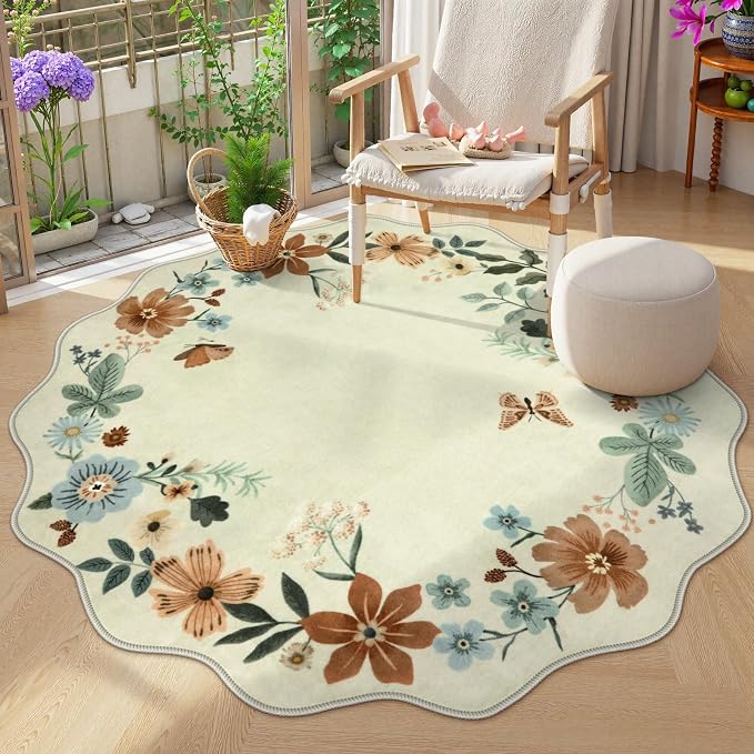 Lahome Floral Washable Round Rugs, Non-Slip Soft Round Rug 4ft Ultra-Thin