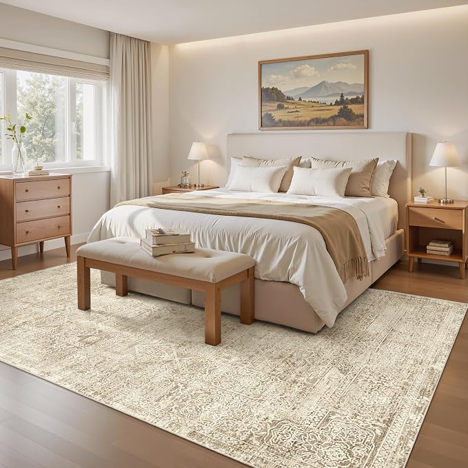 Soalmost 5x7 Area Rugs Brown Low Pile Indoor Washable Trendy Faded Style Floral
