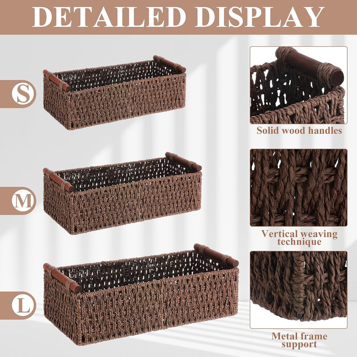 Boao 3 Pcs Boho Storage Wicker Baskets Handmade Woven Decorative Paper Rope Baskets for Organizing with Handle Countertop Toilet Paper Storage Container for Toilet Tank Top(Brown,Rectangle)