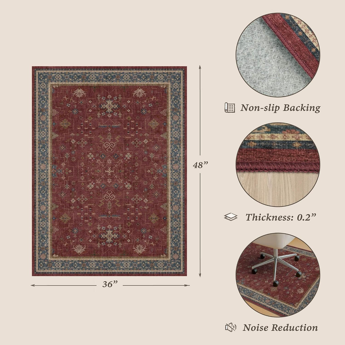 Desk Chair Mat for Hardwood & Tile Floor, 36" x 48" Burgundy Office Rug