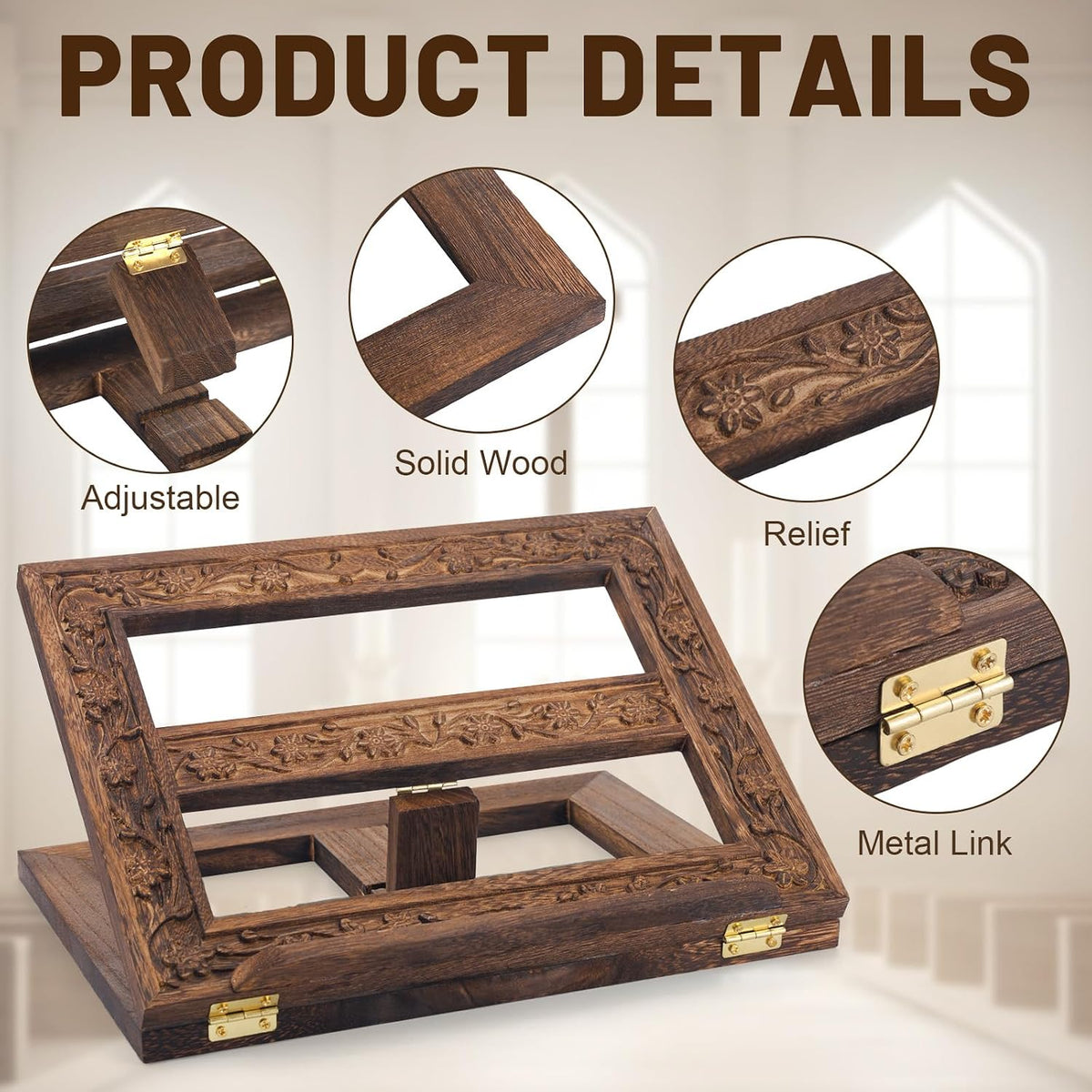 DERTE Adjustable Wooden Bible Stand Carved Missal Book Holder for Table