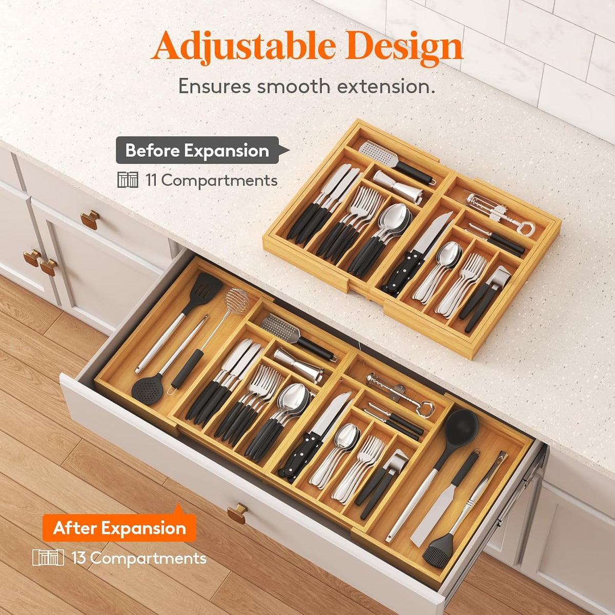 Lifewit Large Silverware Drawer Organizer, Bamboo Utensil Tray for Kitchen