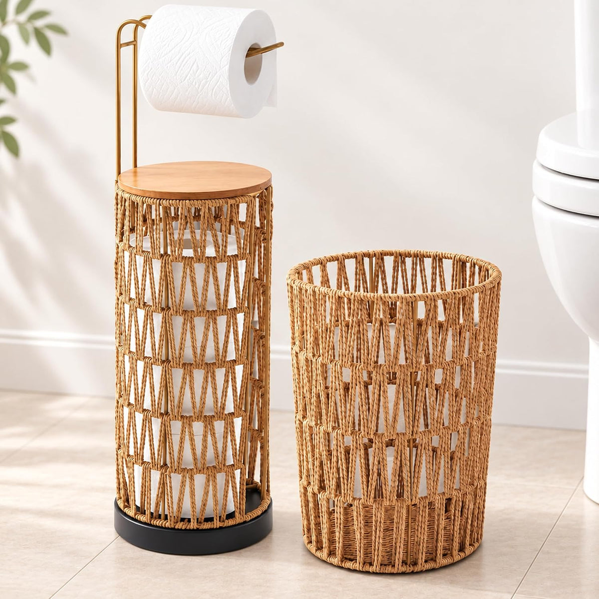 Geiserailie 2 Pcs Wicker Toilet Paper Holder and Wicker Waste Basket Set Boho Woven Toilet Paper Storage with Lid Rattan Bathroom Trash Can for Bedroom, Bathroom, Kitchen, Office, Balcony