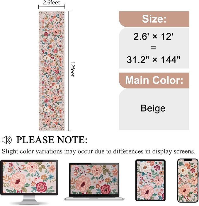 DUKINO 2.6x12 Kitchen Runner Rug, Lightweight Floral Washable Rug
