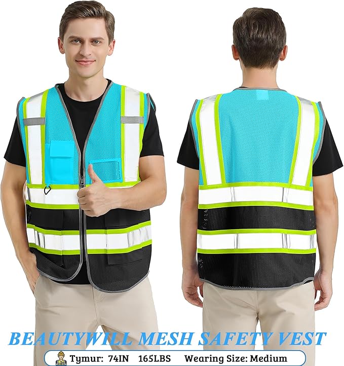 5 Pack Custom Safety Vest Customized Logo Mesh Vest Class 2 High Visibility Reflective Vest with Pockets Workwear（LightBlue Black，XXL ）