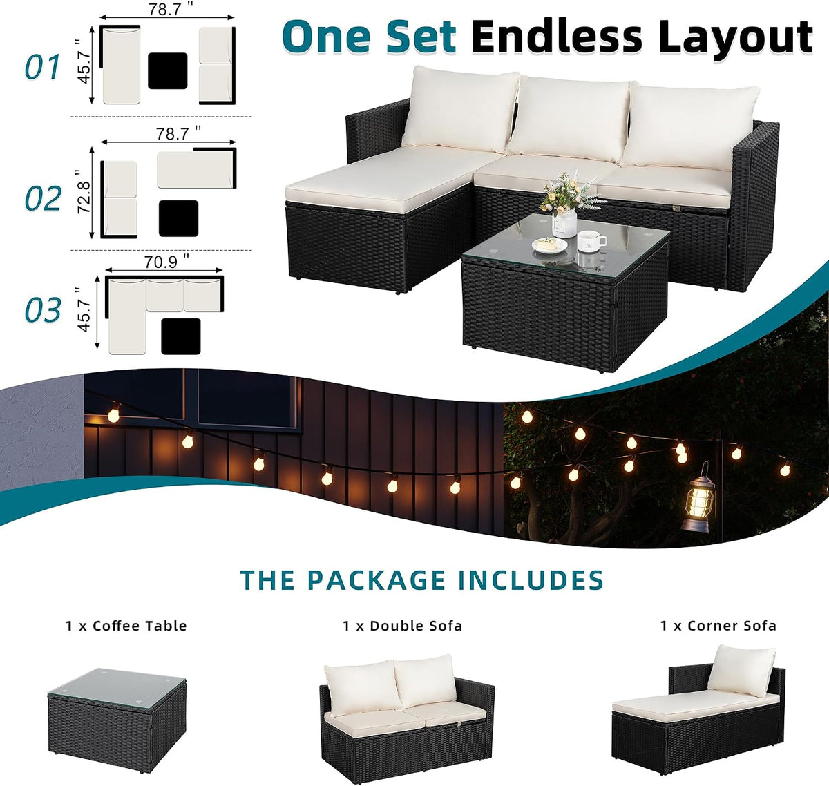 SUNLEI Patio Furniture Set with Detachable Soft Cushions, Outdoor PE Rattan Patio Conversation Sofa Set, 3-Piece Patio Sectional Sofa with Glass Coffee Table (Black Rattan&White)