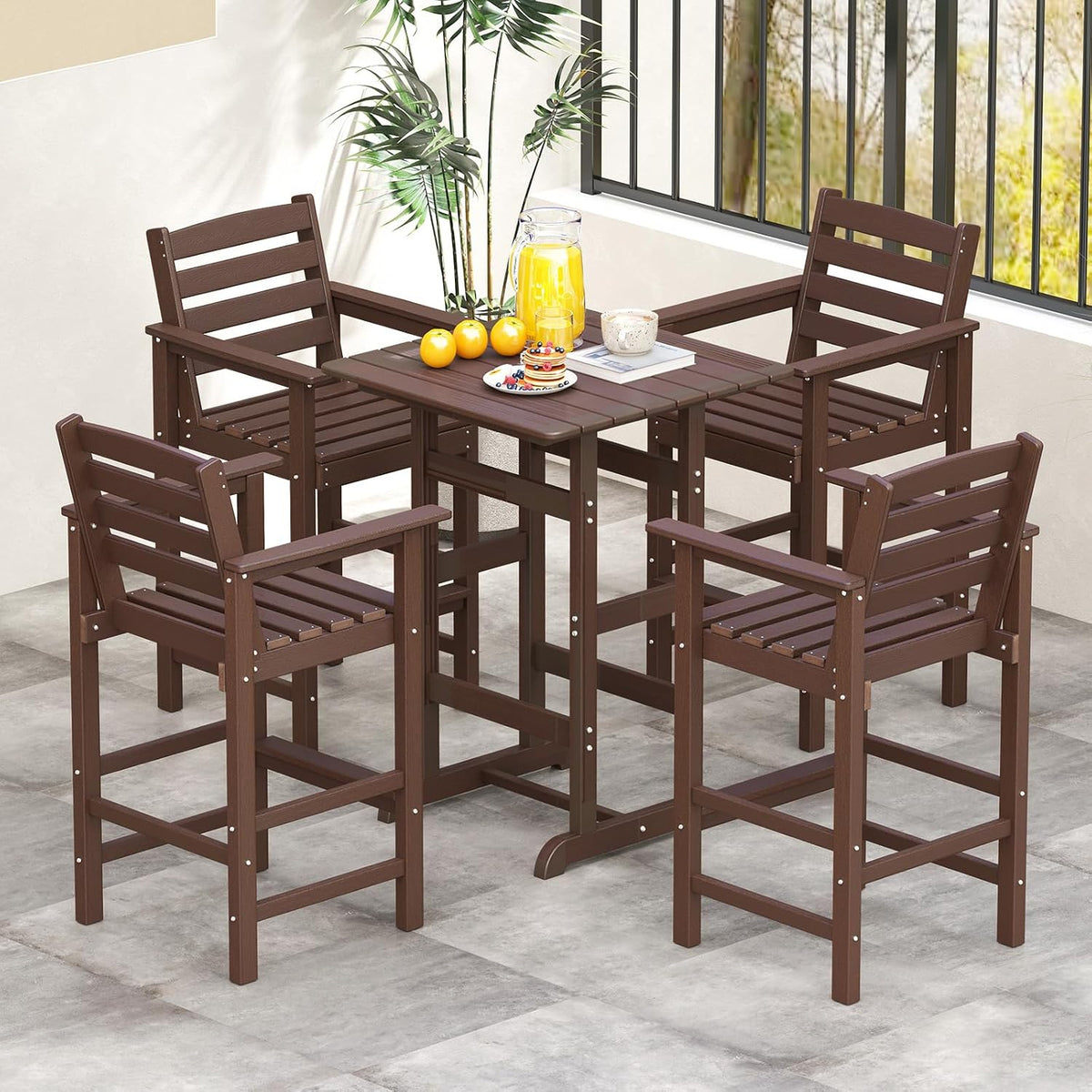 Tangkula Patio Adirondack Chairs Set of 2, HDPE Bar Height Chair with Wide Armrests & Footrest, Outdoor High-Top Slatted Bar Chairs with Backrest for Backyard, Lawn, Poolside (Brown)
