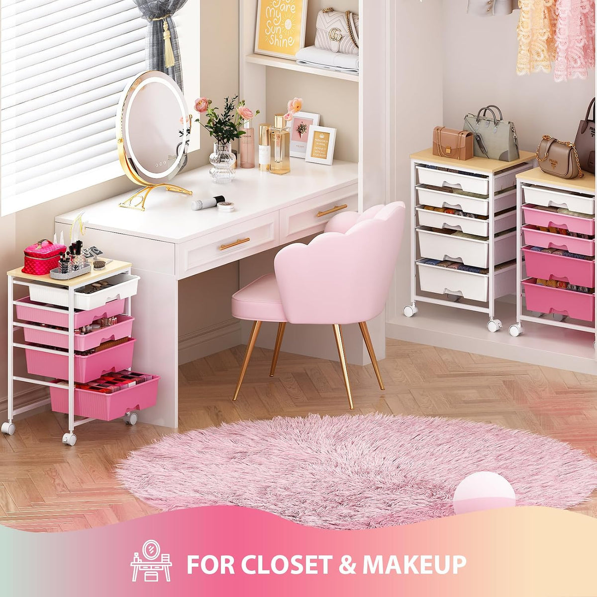 Goovilla Rolling Cart with 5 Drawers for Craft, Art, Dorm, Office, Pink