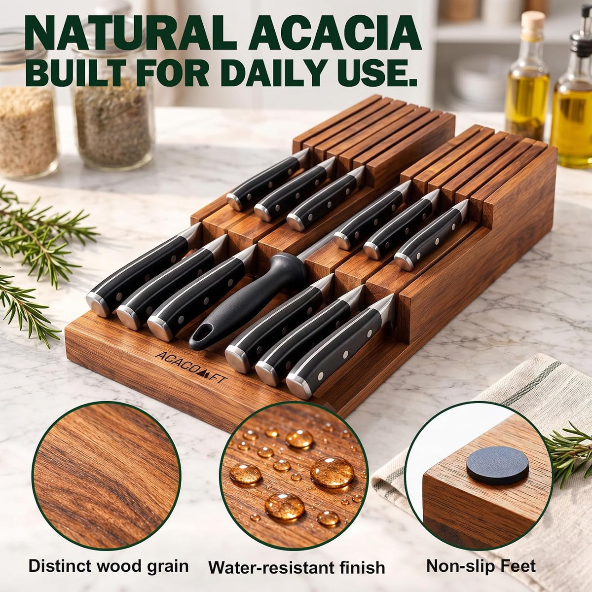 In-Drawer Knife Block without Knives, Acacia Wood Knife Drawer Organizer
