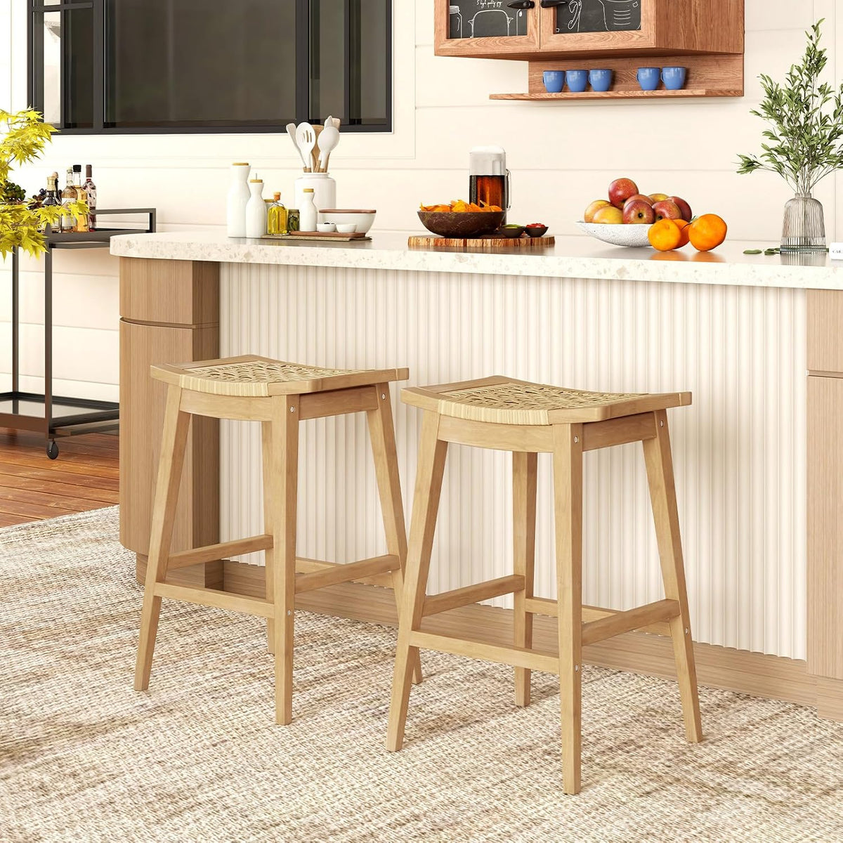 Tangkula Wood Bar Stool Set of 4, 29” Patio Rattan Acacia Barstool with Footrest & Saddle Seat, Boho Bar Height Stool for Indoors Outdoors, Bar Chair for Deck, Garden & Poolside, Natural (4)