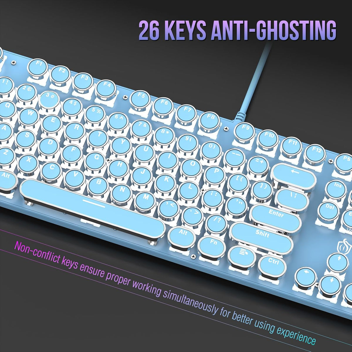Typewriter Mechanical Gaming Keyboard with White Light Backlit Red Switches, 104 Keys Retro Round Keycap, Wired Typewriter Style Comfortable Typing Soud (Blue)