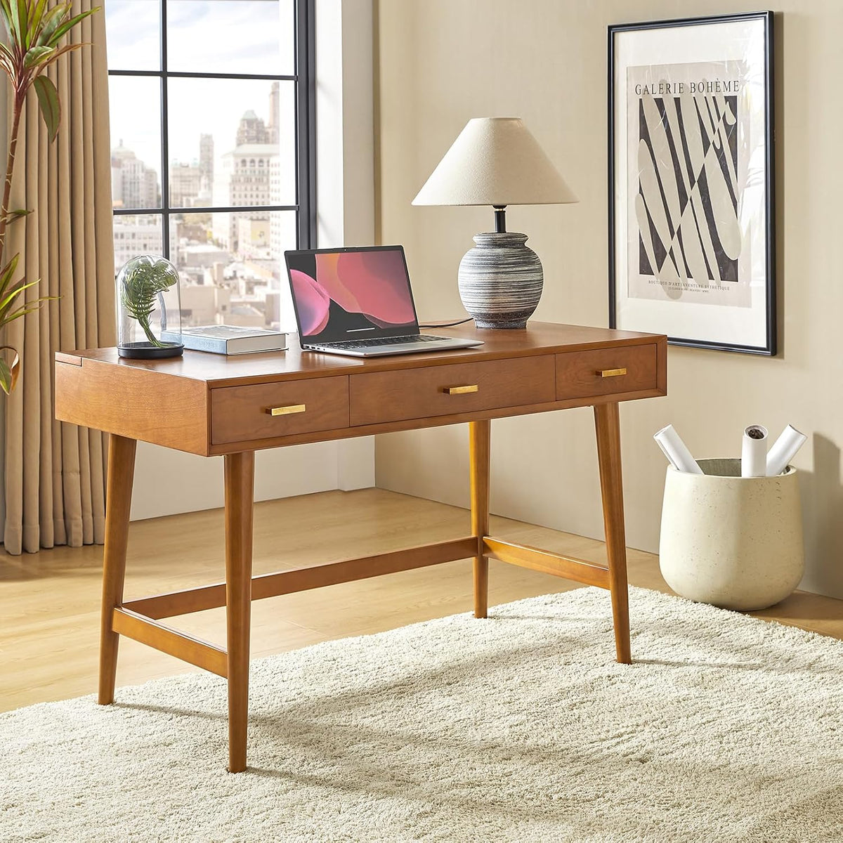 HULALA HOME 47" Writing Desk with 3 Drawers, Wood Office Desk with USB Charging Staion, Vintage Office Desk with Cable Management(Acorn)