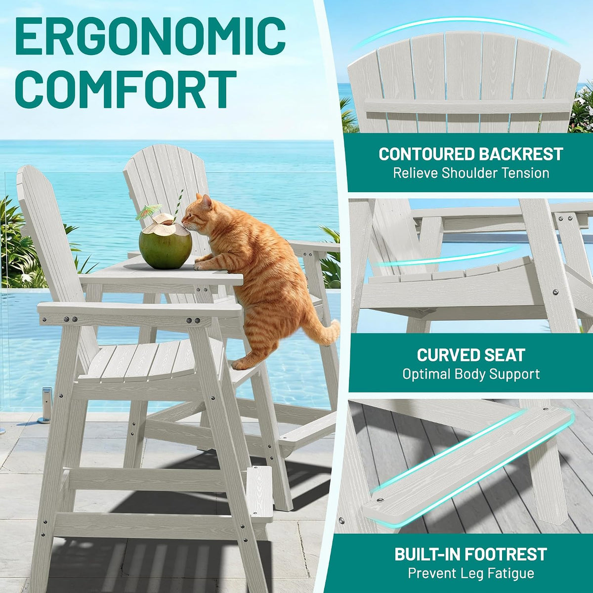 PLUUV Tall Adirondack Chairs Set of 2 with Double Connecting Trays, White