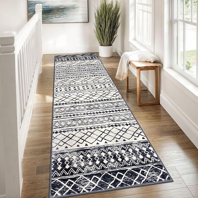 KUTA Moroccan Washable Runner Rug 2.6x8, Non-Slip Vintage Black Navy Blue Boho