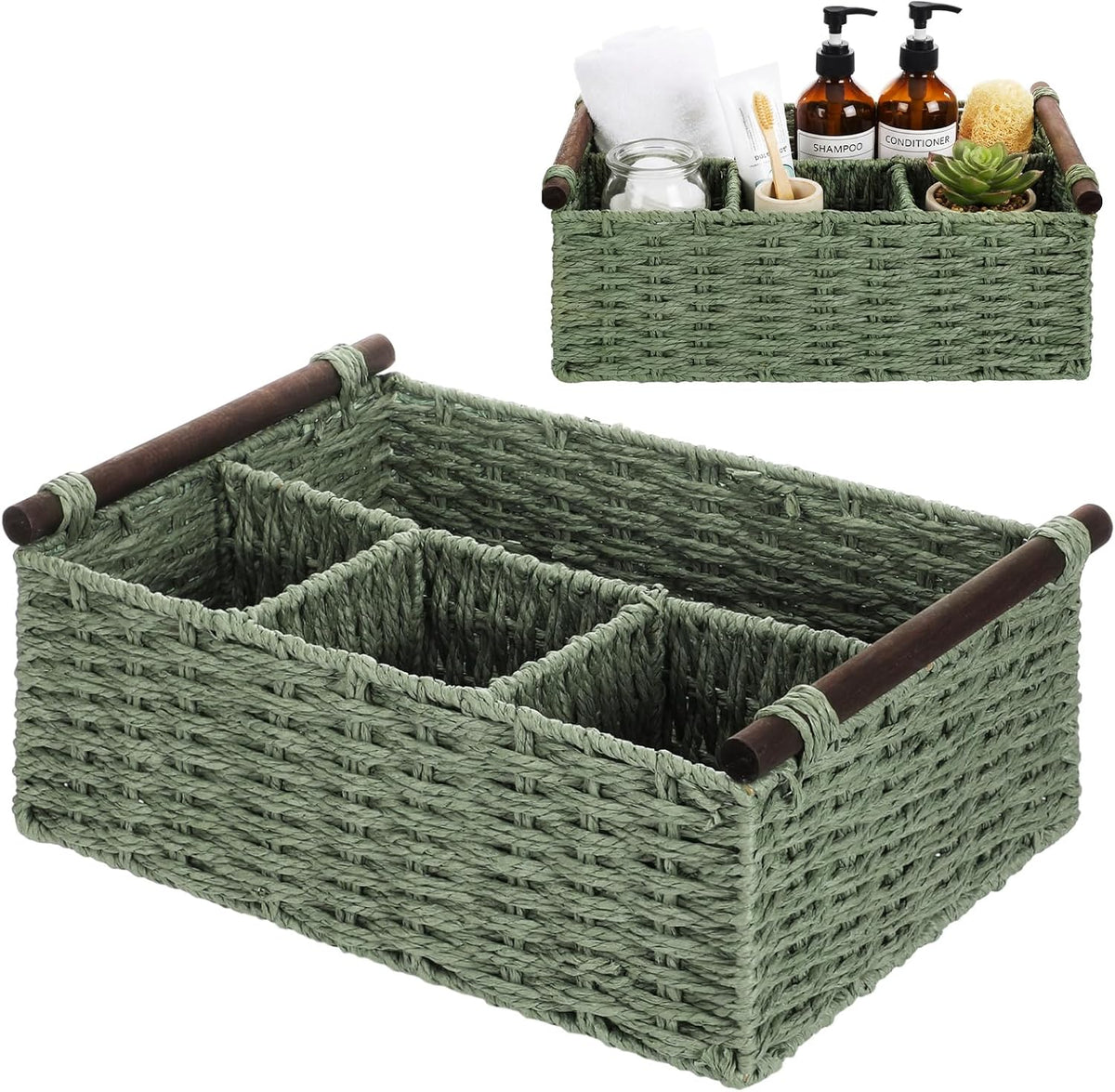 Remerry Sage Green Bathroom Countertop Organizer Caddy, Wicker-Like Divided Basket with Handle and Metal Frame, 4 Compartment, Paper Rope Storage Organizer for Vanity Kitchen (10.24 x 7.87 x 3.94 in)