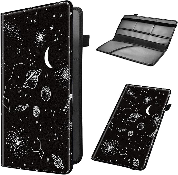 Car Registration and Insurance Holder, Leather Car Glove Box Organizer, Cool Car Accessories for ID, Driver's License Cards & Essential Document, business cards, Men&Women,Moon Spaceship